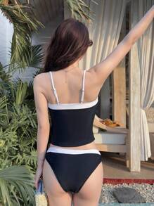 DAZY 2pcs/Set Solid Color Vacation Spring Style Tied Swimwear Set For Women, Suitable For Dating And Going Out,Tankini Bathing Suit For Summer - Black and White - View 4