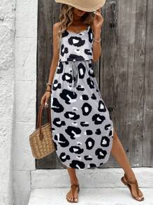 SHEIN LUNE New Spring Sleeveless 2 In 1 Brown Leopard Print Dress For Women - Multicolor - View 1