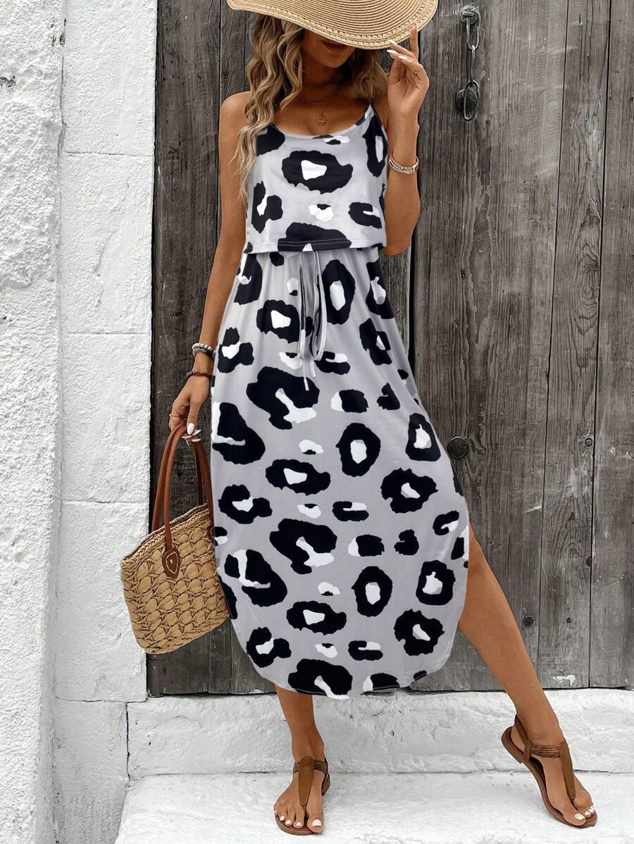 SHEIN LUNE New Spring Sleeveless 2 In 1 Brown Leopard Print Dress For Women - Multicolor - View 1