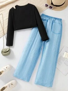 SHEIN Explorewe 2 件 Tween 女童黑色露肩长袖 T 恤和心形印花牛仔效果裤套装 - 粉色 - 查看 2