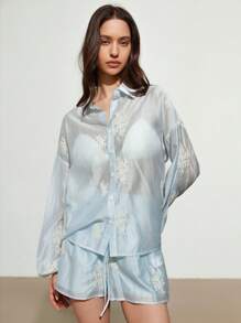 GENKIRA Set de 2 piezas con blusa suelta de manga abullonada con cuello vuelto y bordado elegante, y shorts con cordón en la cintura - Azul - Ver 7