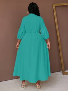Maweii Plus Size Solid Color Shirt Collar Button Front Mid-Length Sleeve Pleated Casual Midi Dress Maxi Women Outfit - Teal Blue - View 2