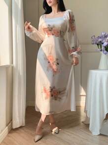 DAZY 女士花卉印花方领长袖连衣裙，适合夏季 - 米色 - 查看 4