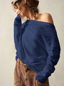 Bohemela 休闲纯色针织船领长袖宽松女式毛衣 - 藏蓝色 - 查看 6