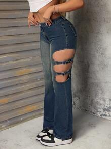 SHEIN SXY Damen Jeans mit niedriger Taille, weite gerade Passform mit Aushöhlung, Vintage-Mode, Neu im Sommer - Blau - Übersicht 1