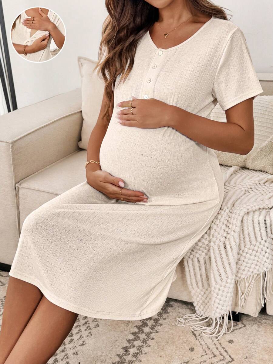 SHEIN Beige Casual Maternity Dress: Breathable Knitted Fabric, Button Detail, And Discreet Nursing Access - Beige - View 1