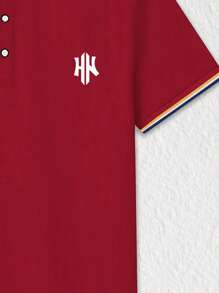 Manfinity Dauomo Burgundy Letter Print Short Sleeve Men's Polo Shirt, Fashionable For Summer - Burgundy - View 3