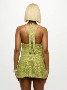 SUMWON WOMEN Bộ váy mini xòe cạp trễ họa tiết ren Sage có chi tiết xếp nếp, hoàn hảo cho tiệc vườn mùa hè Lễ hội Y2K thời trang đường phố - màu xanh lá - Xem 2