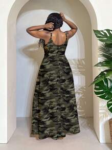 Slaydiva 休闲简约百搭军绿色迷彩印花大码连衣裙，适合夏季 - 軍綠色 - 查看 3