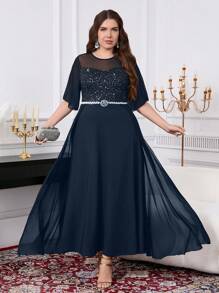 SHEIN Clasi 加大码女式优雅银箔拼布连衣裙，女士正式连衣裙 - 藏蓝色 - 查看 4