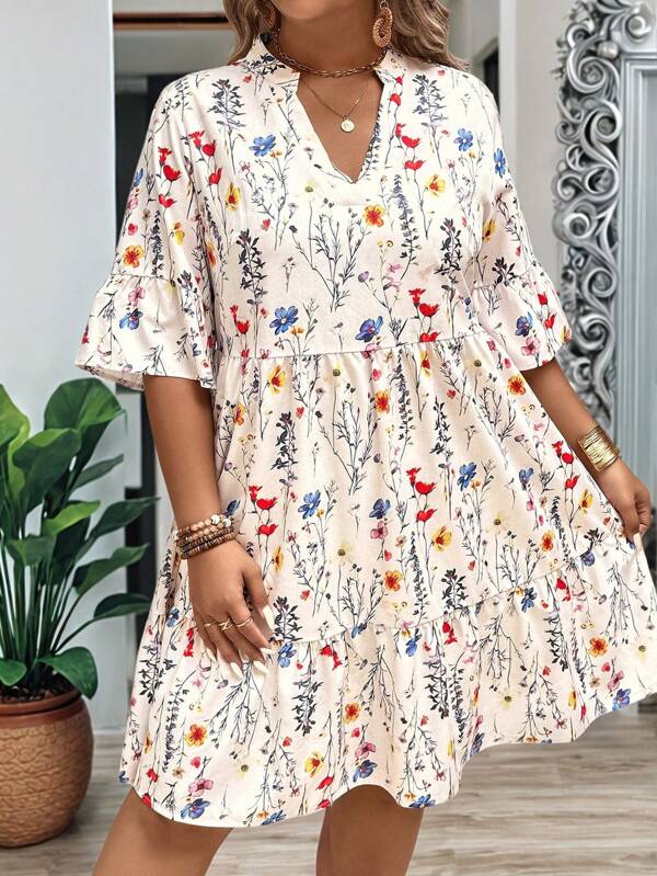 EMERY ROSE Vestido holgado de línea A con escote en V, mangas abultadas y detalles de cortes con estampado floral y de ramas para mujer de talla grande