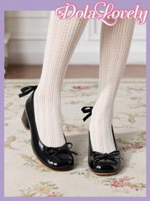 Dola Lovely Round Toe Low Vamp Bow Backstay Chunky Heel Pumps, Women's Fashion High Heels