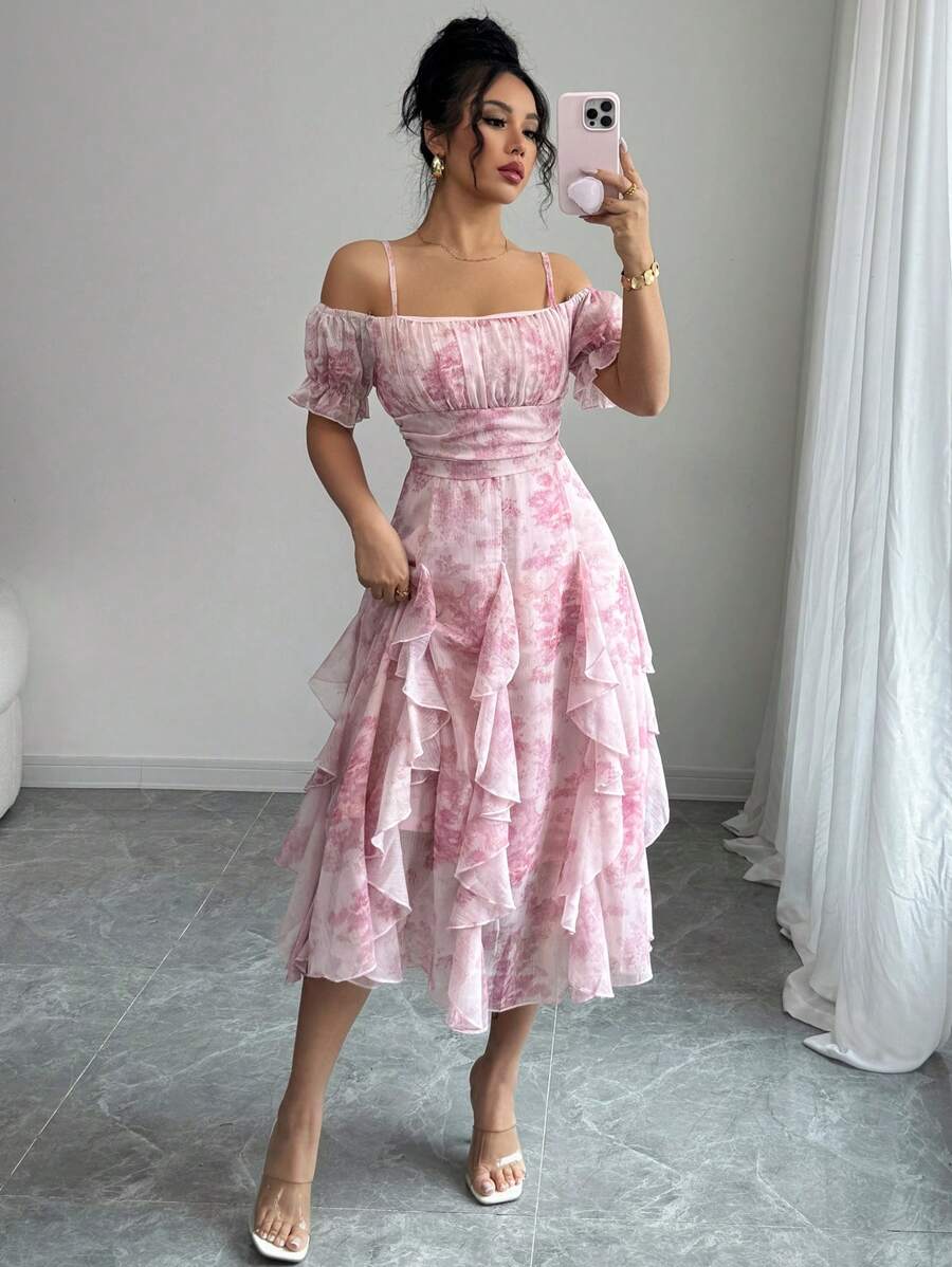 Chiquease Elegant & Sweet Vacation Ditsy Floral Spaghetti Strap Lantern Sleeve Waisted Casual Dress - Pink - View 1