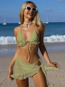 Swim Mod Summer Sexy Backless Halter Bikini 3 Pieces Set For Women, Elegant Ruffle Hem Beach Cover Up - Olive Green - View 3