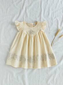 SHEIN Robe décontractée à manches courtes avec encolure ronde et broderie pour bébé fille - Nude - Voir 7