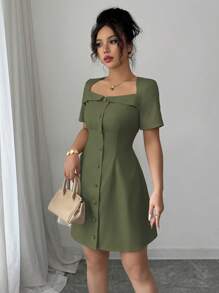 Elenzga Women's Elegant Commuter Trapeze Collar Ruffle Button Front Waist A-Line Mini Dress, Spring/Summer - Army Green - View 7