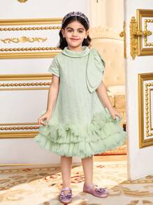 SHEIN Young Girl Sage Green Summer Elegant Wedding Guest 3D Bow Decor Woven Mesh Ruffle Hem Patchwork A-Line Cake Dress,Gorgeous Princess Party Occasions - Green - View 8