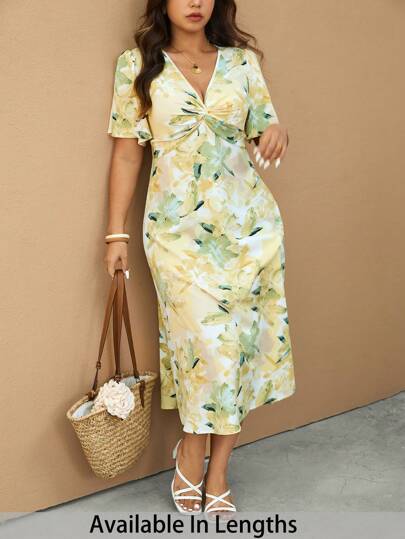 SHEIN PETITE CURVE Plus Size Summer Casual Vacation Elegant V-Neck Dress,Beach Dress Sundress,Holiday Outfits Boho