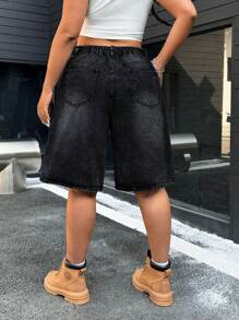 SHEIN ICON Summer Washed Inelastic Casual Straight Leg Denim Shorts - Black - View 2