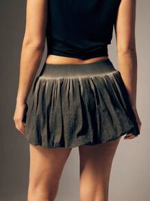 Denimoi 工装泡泡下摆水洗弹力腰带半身裙时尚街头风泡泡裙短裙工装裙