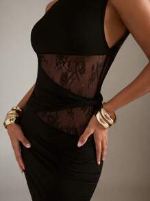 Hauture Asymmetrical Neck Lace Splicing Twist Waist Design Mini Dress - Black - View 2