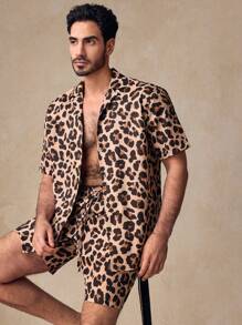 Manfinity VCAY 2 件套男士休闲豹纹梭织衬衫套装