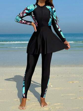 Swim Mulvari Women's Tropical Printed Splice Burkini, Suitable For Vacation & Beach For Summer