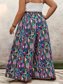 SHEIN CURVE+ 加大码全印花松紧腰系带超阔腿裤，海滩风、波西米亚风、猎豹印花，女士夏季服装，度假风、飘逸裤装、加大曲线、波西米亚度假风 - 彩色 - 查看 2