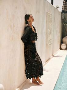 Swim Chiccia Women's New Elegant Sexy Hollow Crochet Lace Knit Cover-Up & Skirt For Beach Vacation, Summer - Black - View 6