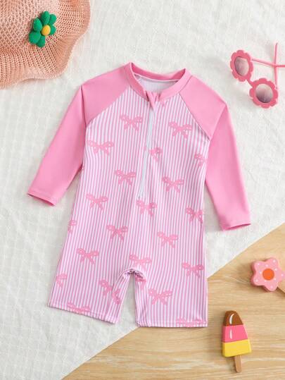 SHEIN Baby Girl rosett Randig Raglan ärm Casual Beach Romper med shorts