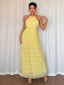 Chiquease Robe jaune sans dos à col ras-du-cou unie décontractée pour vacances pour femmes