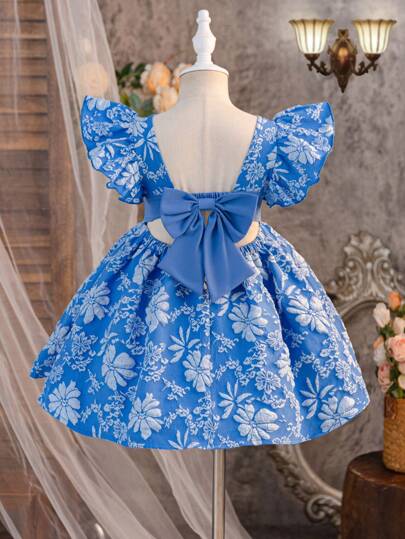 Young Girl Woven Solid Color Jacquard Bowknot Ruffled Hem Snug Fit Dress