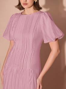 Enchnt Women's Solid Color Round Neck Short Puff Sleeve Elegant Dress,Summer Dresses For Women