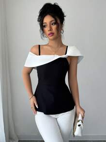 Elenzga Women's Fashionable & Elegant Asymmetrical Collar Contrast Color Blouse