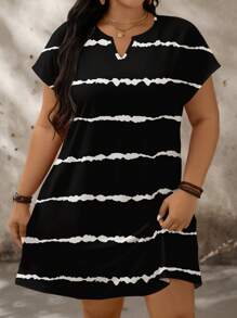 SHEIN LUNE Plus Size Striped & Color Block Print Casual Loose Short Sleeve Dress, Summer - Black - View 3