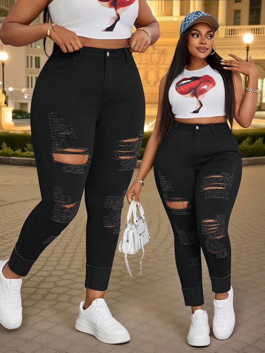 Plus Size Women Stretch Sexy Ripped Skinny Jeans  Ripped Jeans Women  Summer Outfits For Women Festival Outfits - Black - View 1