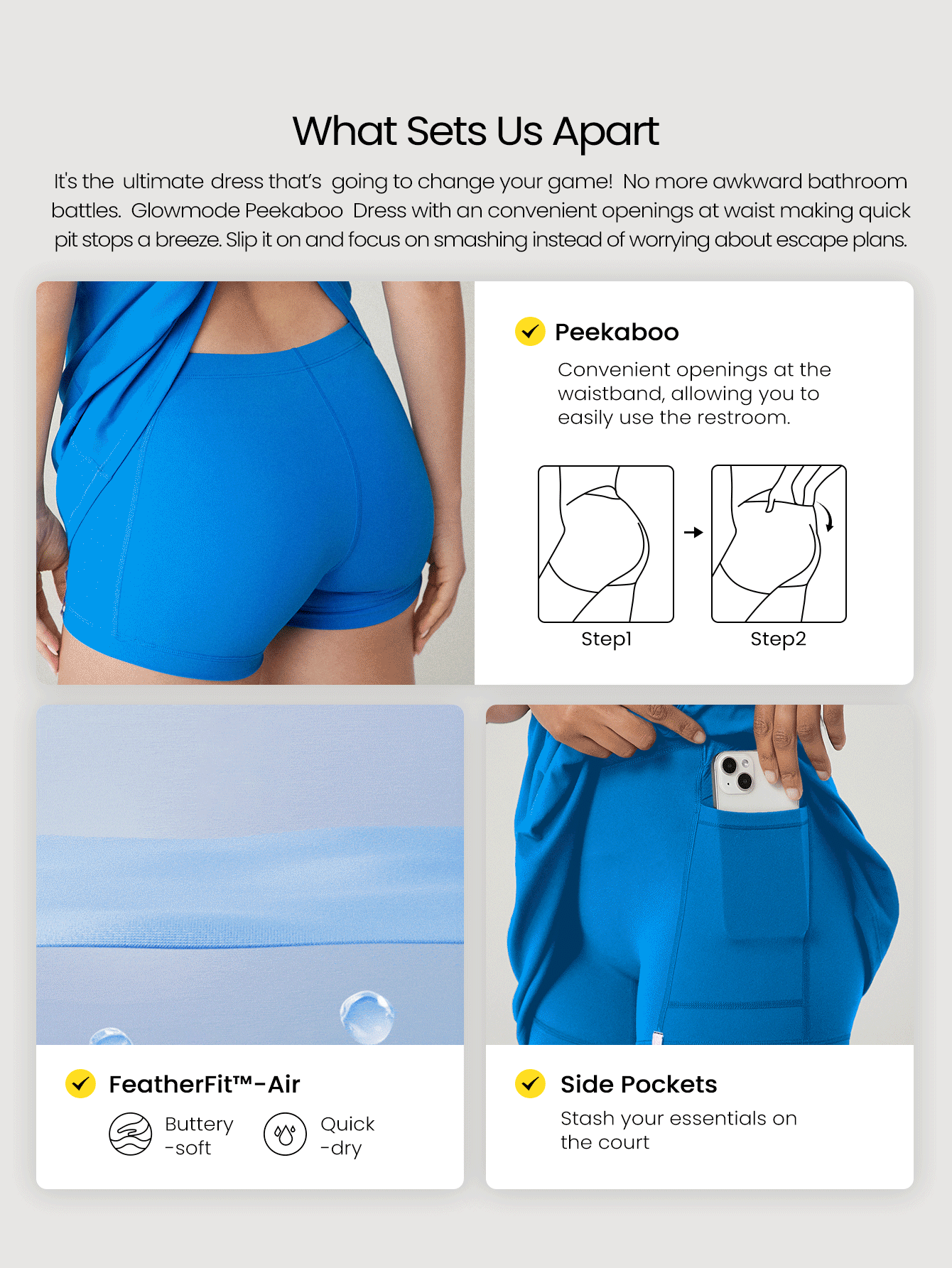 GLOWMODE FeatherFit™-Air Peekaboo Square Neck Pocket Anti-Slip Active Mini Dress With Built-In Shorts Light Support Low Impact Spring Dress Summer Dress Quick Dry Moisture Wicking - Blue Power - View 2