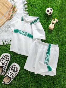 SHEIN Bộ 2 món/Bộ quần áo thun polo dệt kim rộng rãi, phong cách thể thao thường ngày cho bé trai và bé gái, phù hợp cho mùa xuân và mùa hè, đồ mặc ở nhà và đồ mặc ngoài - trắng - Xem 3