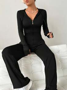 SHEIN EZwear طقم قميص وسروال بغطاء للرأس برباط وسحاب للسيدات