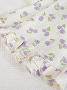 Spring Tween Girl Bowknot Pleated Ditsy Floral Textured Fabric Top And Shorts 2 Pieces Pajama Set