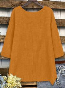 Plus Size Women Solid Color Round Neck Dropped Shoulder Sleeve Loose Casual Versatile Blouse Yellow - Yellow - View 2