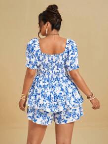 Sunnyshic Tuta corta con maniche corte, doppio volant sulla balza, stampa floreale blu, per donne taglie forti per vacanze