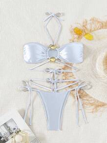 Swim SXY Women Solid Color Metal Shell Decor Halter Hollow Tied Bow Sexy Spaghetti Strap Bikini Set, Beach Outfit For Summer Beach Vacation - White - View 4