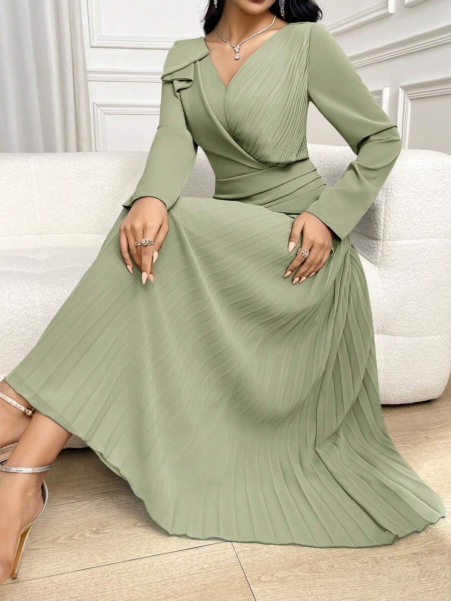 Modelyn 女式纯色V领长袖褶边优雅连衣裙