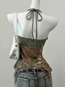 SHEIN EZwear Blusa de cuello halter sin espalda con estampado retro y de malla para vacaciones