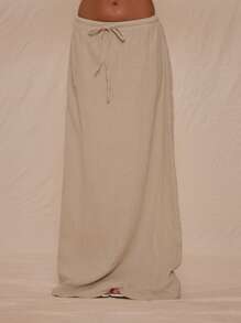 MUSERA 夏季度假沙滩罩衫，宽松亚麻系带长裙，适合秋季假日穿着，也可作泳装。 - 棕色 - 查看 1