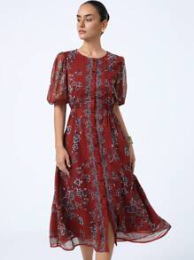Aveloria Modichic Folk Style Print Chiffon Puff Sleeve Round Neck Single Breasted Dress - Multicolor - View 3