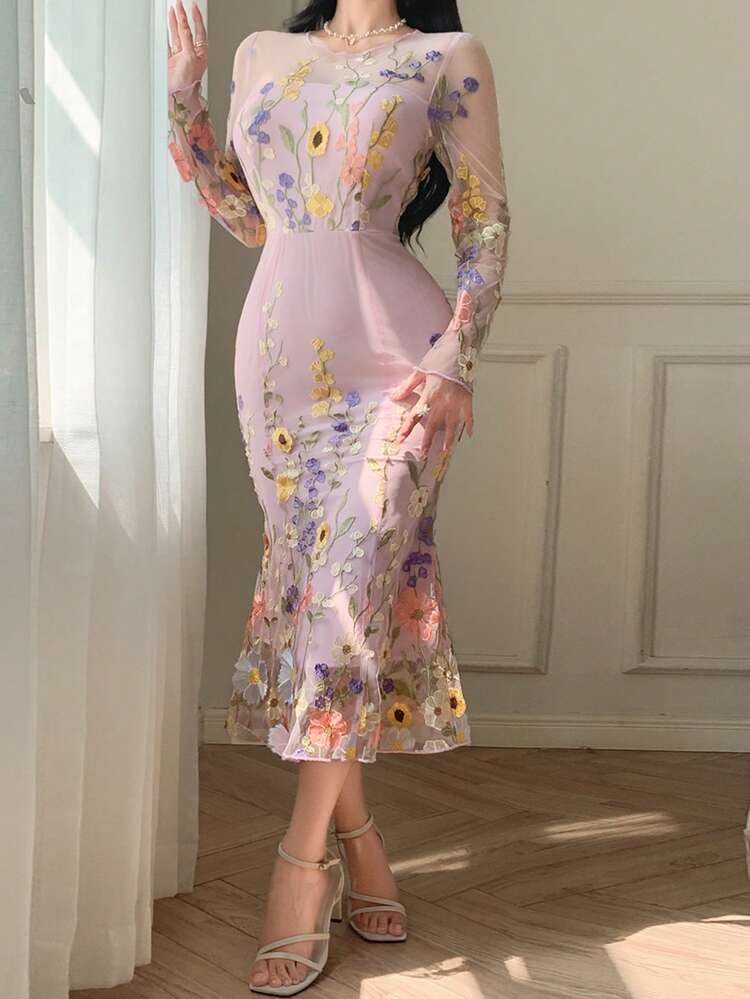 Fall New Elegant Music Festival Jacquard Mid-Length Dress For Women Long Sleeve Dress Easter Dress Floral Dresses For Women