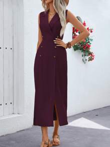 SHEIN Clasi 女士夏季纯色翻领双排扣长款无袖通勤连衣裙长款女装 - 紫紅色 - 查看 6