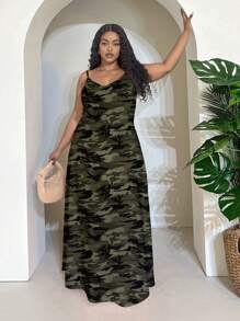 Slaydiva 休闲简约百搭军绿色迷彩印花大码连衣裙，适合夏季 - 軍綠色 - 查看 2